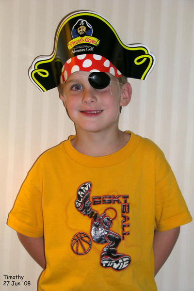 Timothy wears his pirate gear after minigolf