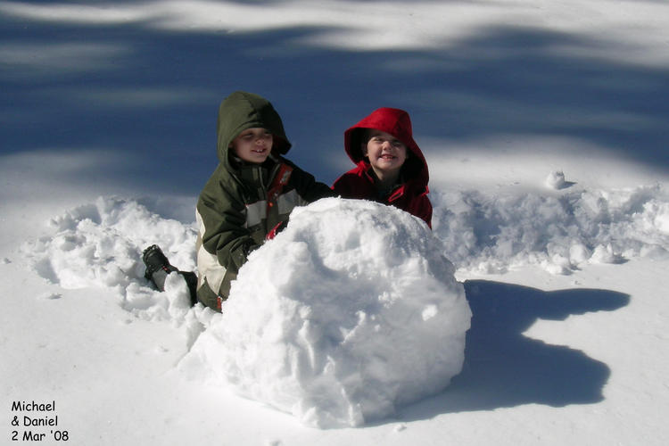 Twins working on a snowman