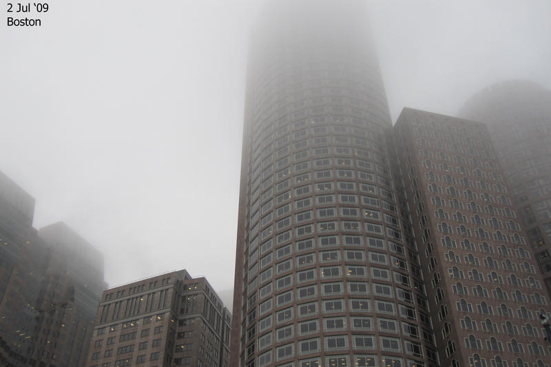Downtown Boston on a foggy day