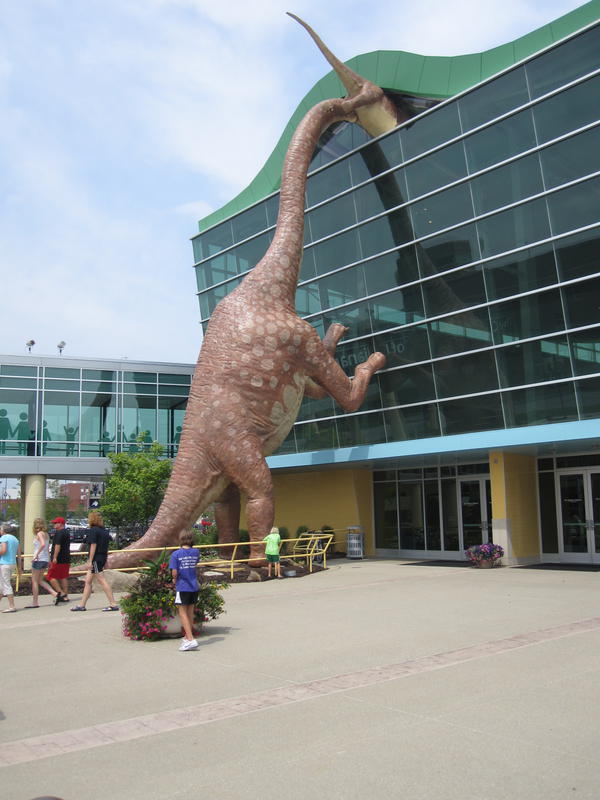 A dinosaur entering the museum