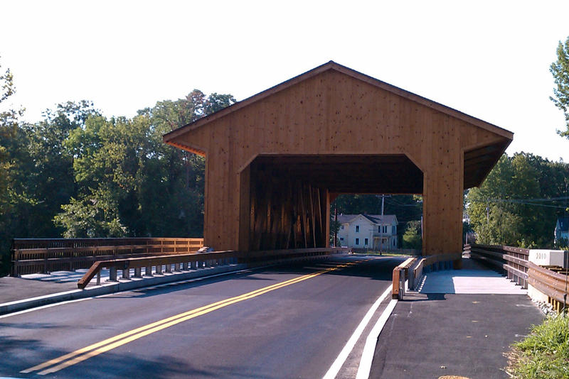 The newly rebuilt covered bridge in Pepperell, MA