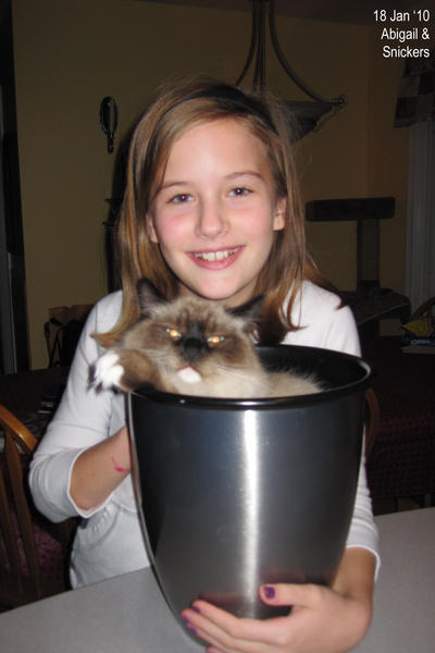 Abigail with Snickers in a bucket