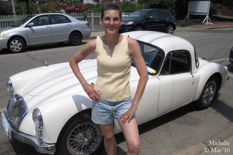 Michelle in front of a 1959 MG